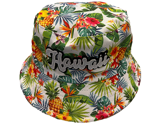 "Hawaii" Tropical Floral Plants Print White Bucket Hat