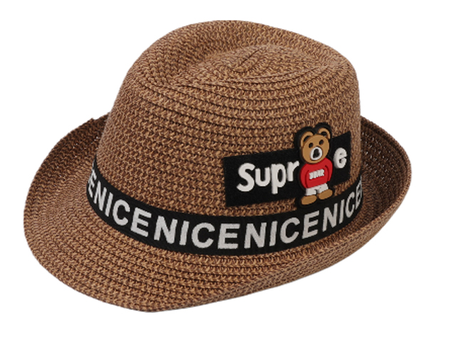 Children Size Super Bear Brown Straw Trilby Hat, MOQ-6/pk