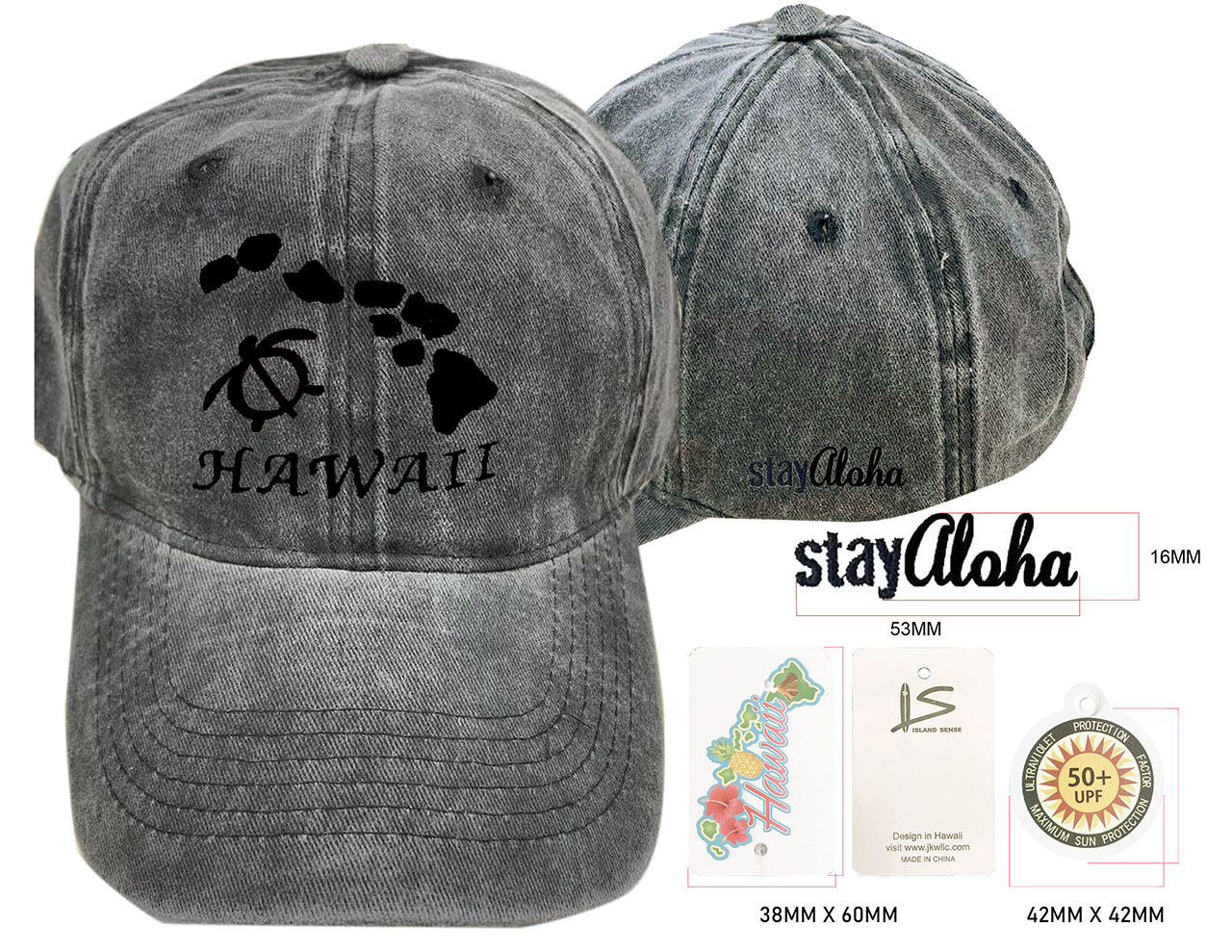 Hawaii Map & Turtle-Stay Aloha, Charcoal Cotton Cap, 6pcs/bag