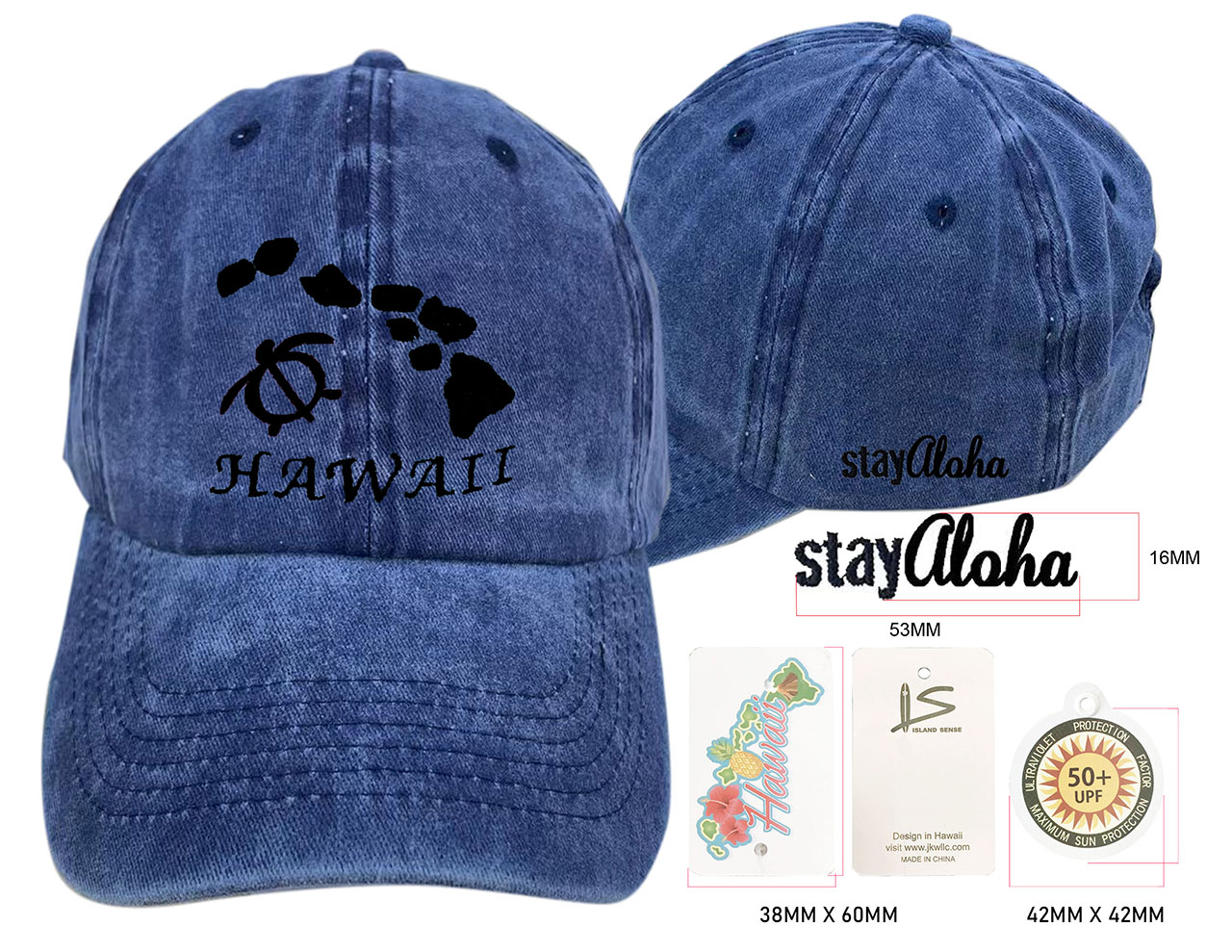 Hawaii Map & Turtle-Stay Aloha, Blue Cotton Cap, 6pcs/bag