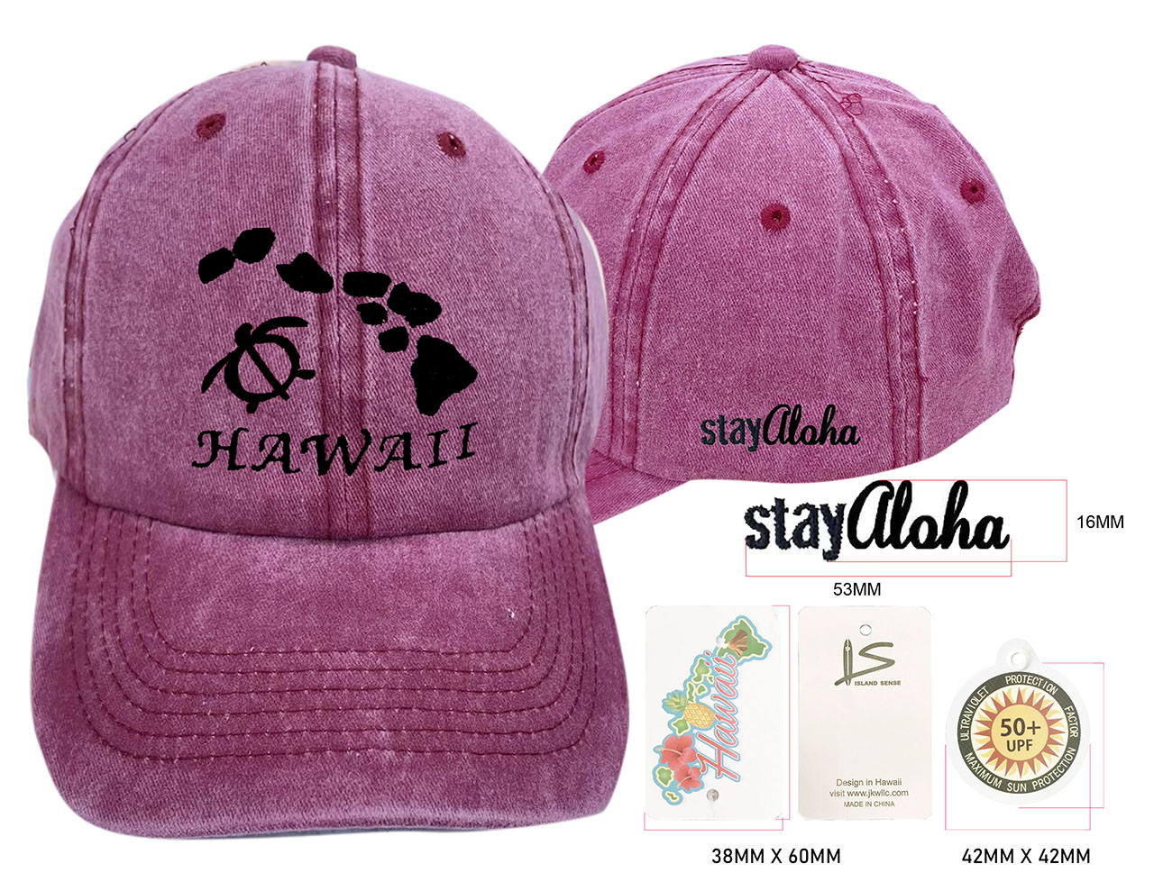 Hawaii Map & Turtle-Stay Aloha, Burgundy Cotton Cap, 6pcs/bag