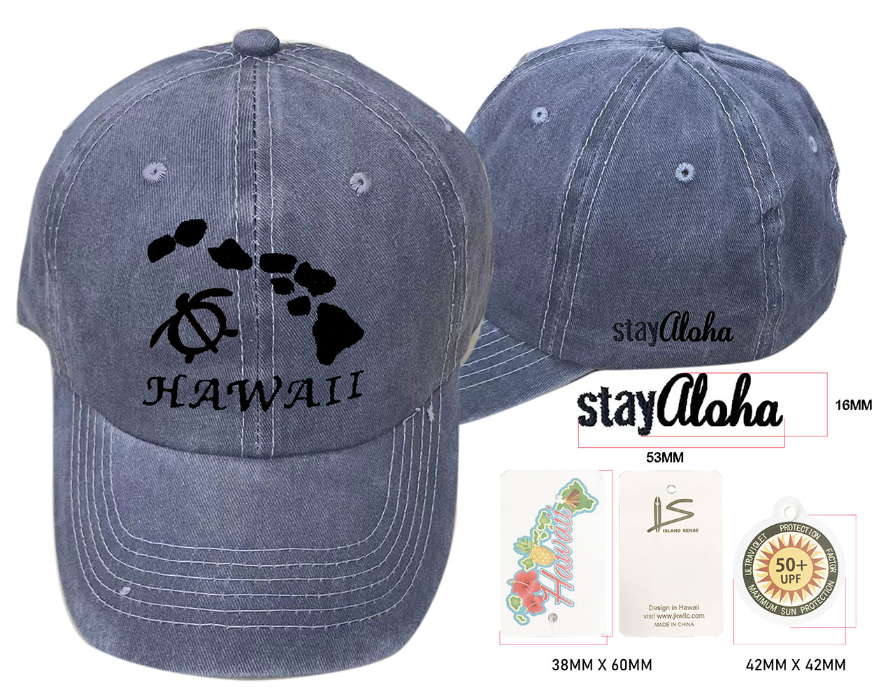 Hawaii Map & Turtle-Stay Aloha, Grey Cotton Cap, 6pcs/bag