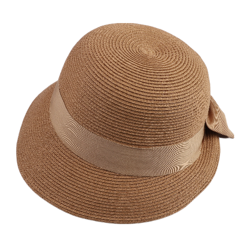 Natural Straw Cloche Hat w/ Khaki Band & Bow