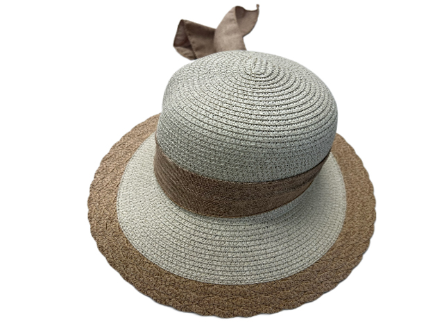 Brown Band Bow on Cream Straw Cloche Hat, MOQ-4/pk