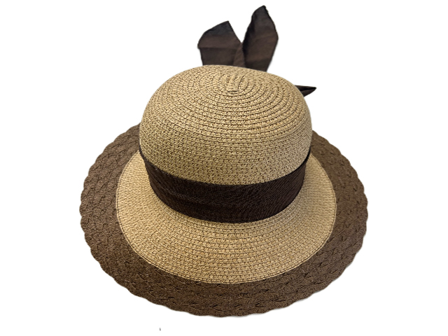 Brown Band Bow on Natural Straw Cloche Hat, MOQ-4/pk