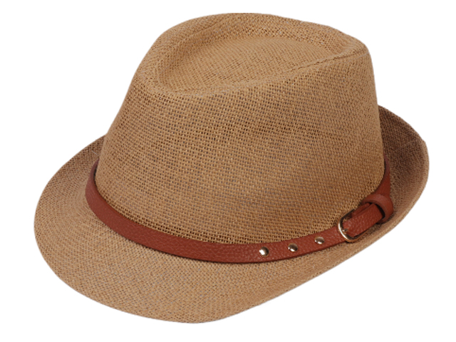 Leather Buckle Band Brown Straw Trilby Hat, MOQ-6/pk