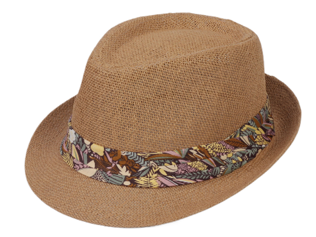 Floral Print Band Brown Straw Trilby Hat, MOQ-6/pk