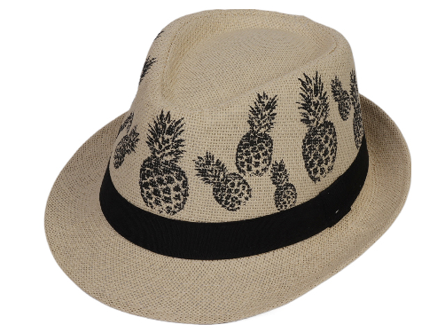 Pineapple Print Black Band Cream Straw Trilby Hat, MOQ-6/pk