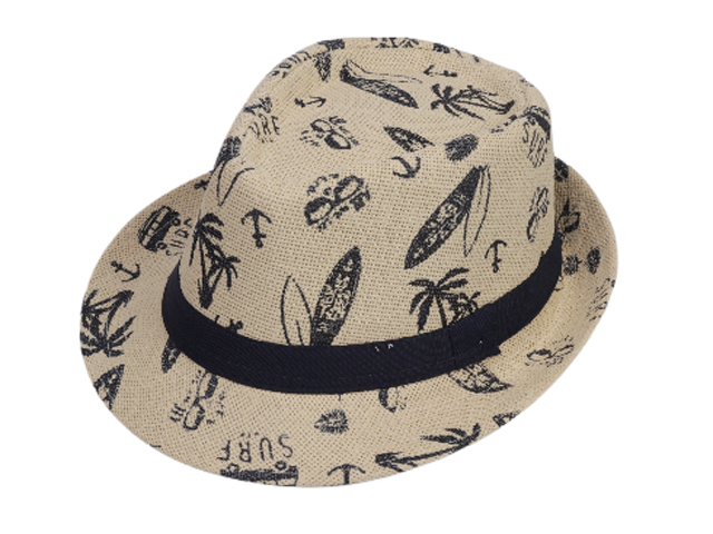 Tropical Nautical Print w/ Black Band Cream Trilby Hat, MOQ-6/pk