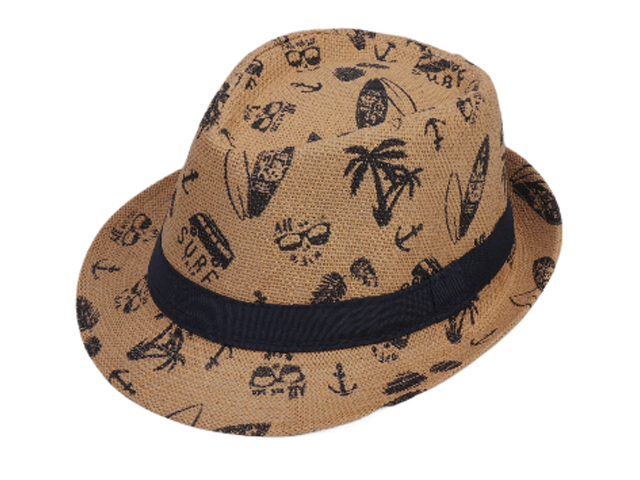 Tropical Nautical Print w/ Black Band Natural Trilby Hat, MOQ-6