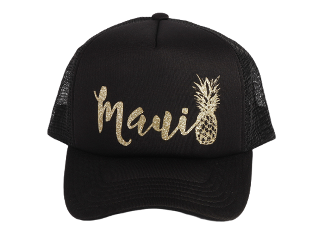 "Maui" Pineapple Gold Print Black Mesh Baseball Cap - Click Image to Close