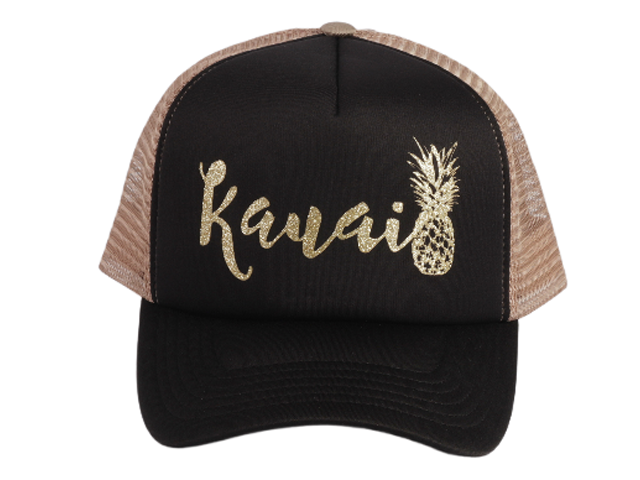 "Kauai" Pineapple Gold Print Biege Mesh Baseball Cap