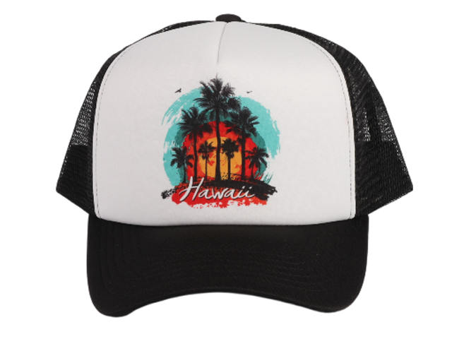 "Hawaii" Palm Tree Color Printed Black Mesh Baseball Cap - Click Image to Close