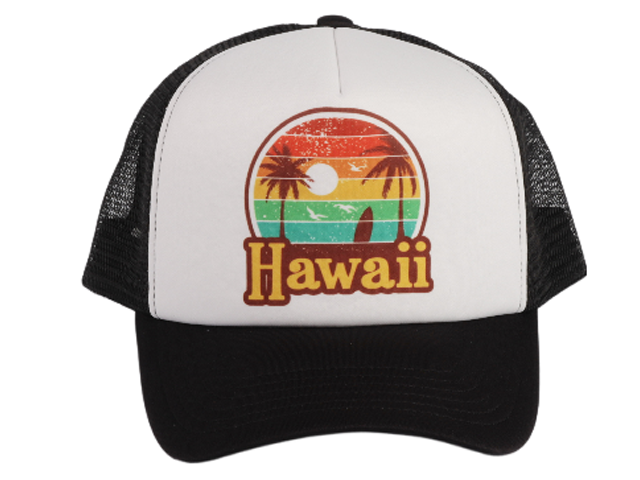 "Hawaii" Sunset Color Printed Black Mesh Baseball Cap