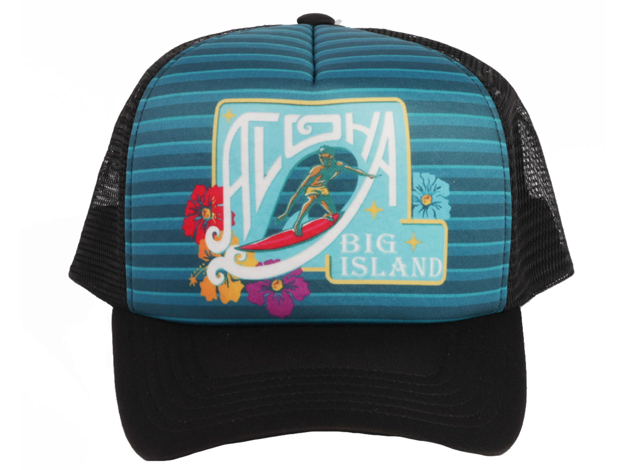 "Aloha Big Island" Surfer Color Printed Black Mesh Baseball Cap - Click Image to Close