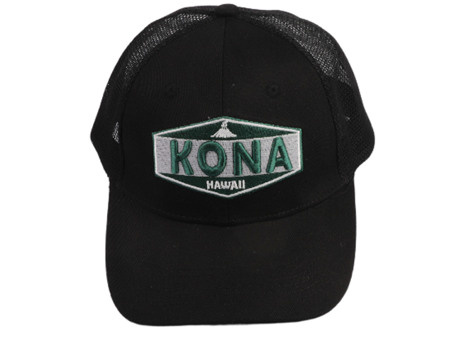 "Kona, Hawaii" Embroidered Black Mesh Cotton Cap