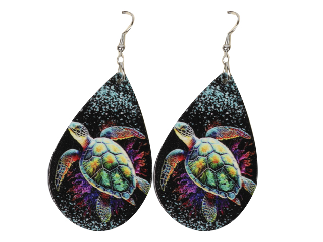 Sea Trutle Print on Teardrop Shape Earrings - Click Image to Close