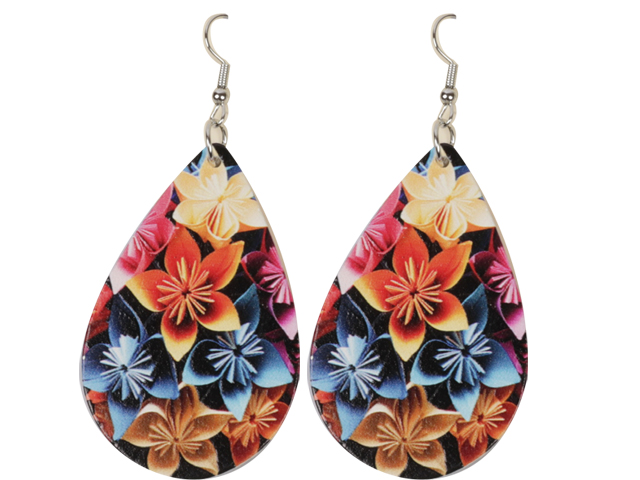 Origami Tropical Floral Print on Teardrop Shape Earrings, MOQ-6