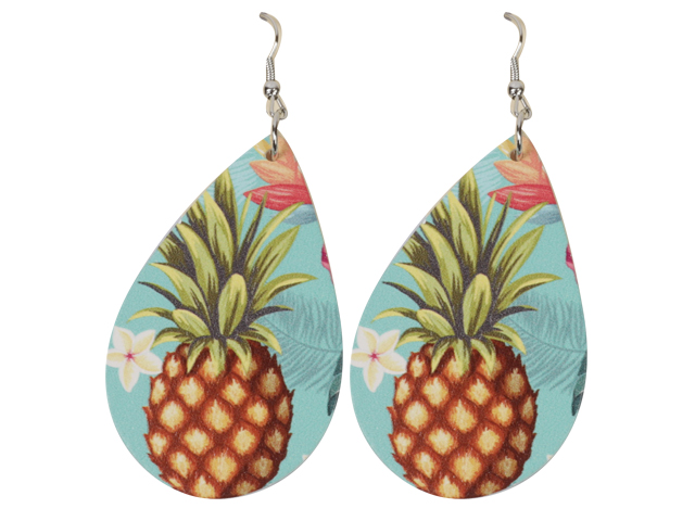 Pineapple Tropical Floral Print on Teardrop Shape Earrings, MOQ- - Click Image to Close