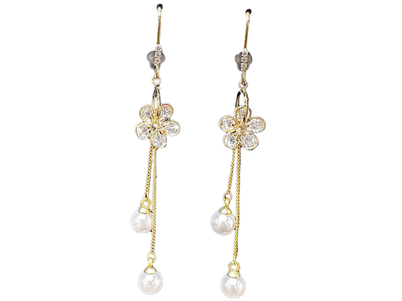 Clear Crystal Plumeria w/ Pearl Drop on Gold Tone Earrings