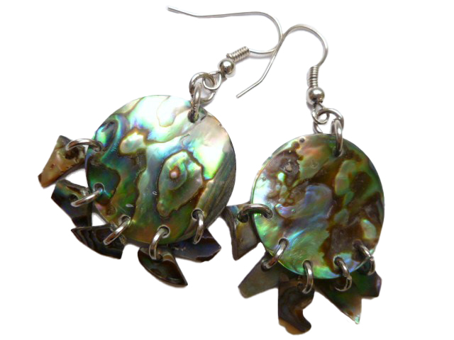 Round Paua / Abalone Shell w/ Chips Hanging Dangle Earrings