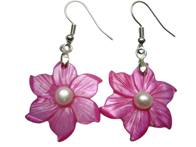 25mm Hot Pink MOP Flower w/Pearl Rhodium Plated Earring Hook