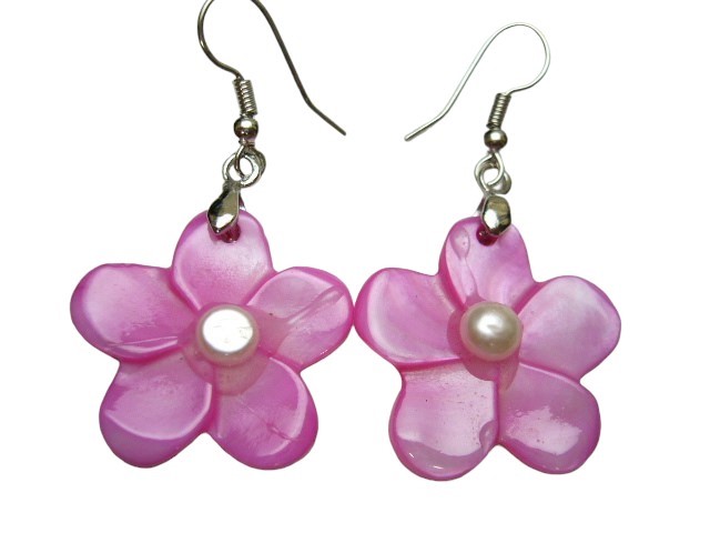 30mm Hot Pink MOP Flower w/ Pearl in Rhodium Plated Earring Hook