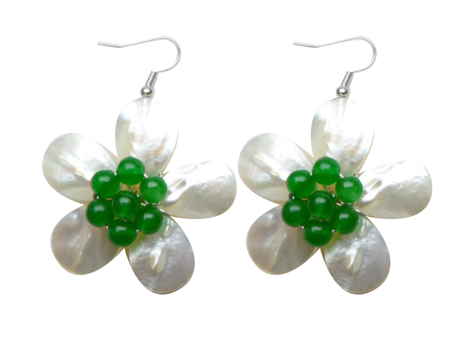 DCI-30mm White MOP Flower Shell w/ Green Beads Earrings