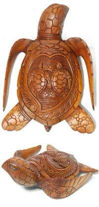 12" Hand Craved Wood Sea Turtle w/ Double Turtle