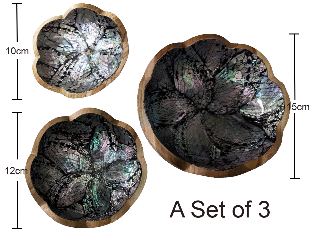 10,12 &15cm Set of Three Teakwood w/ Abalone Shell Inlay Bowls - Click Image to Close