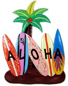 Aloha Surfboard w/ Palm Tree Wood Sign