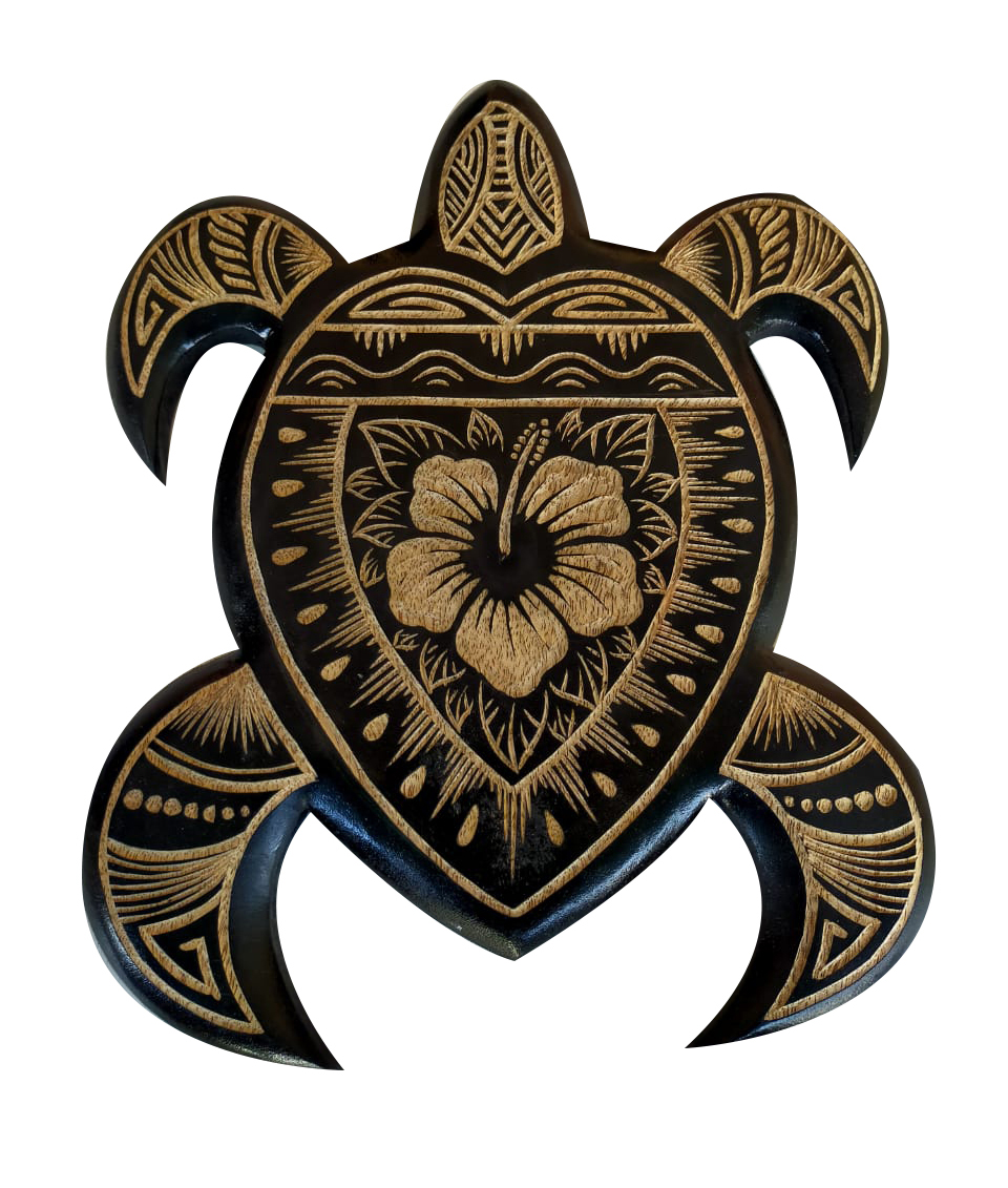 30x25cm Black Wood Craved Tribal Turtle & Hibiscus Sign