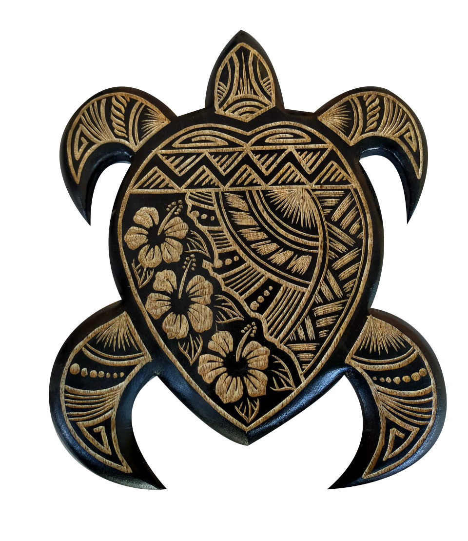 30x25cm Black Wood Craved Tribal Turtle & Hibiscus Sign - Click Image to Close