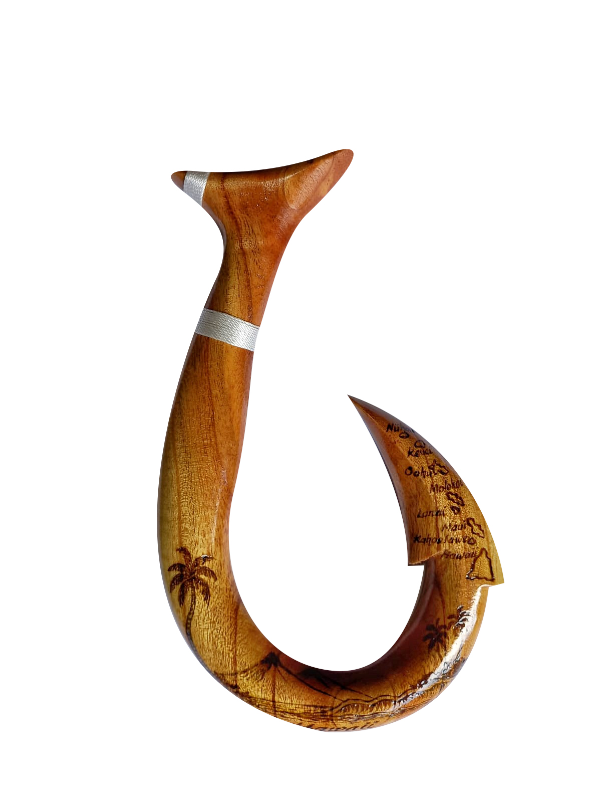 30cm / 12" "Hawaii" Island Map & Beach Burned Wood Fish Hook