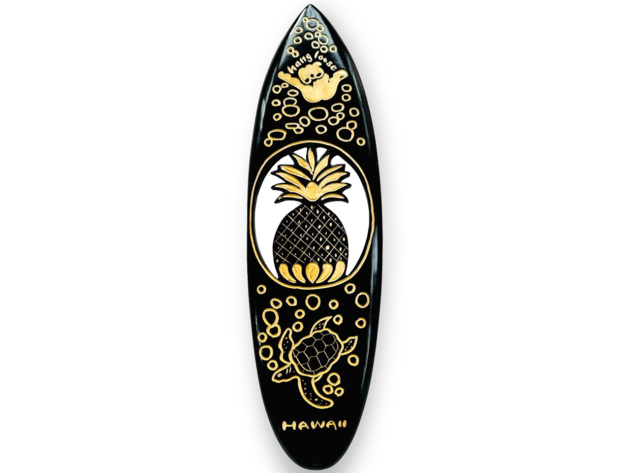 50cm Pineapple, Shaka & Turtle Carved on Black Wood Surfboard