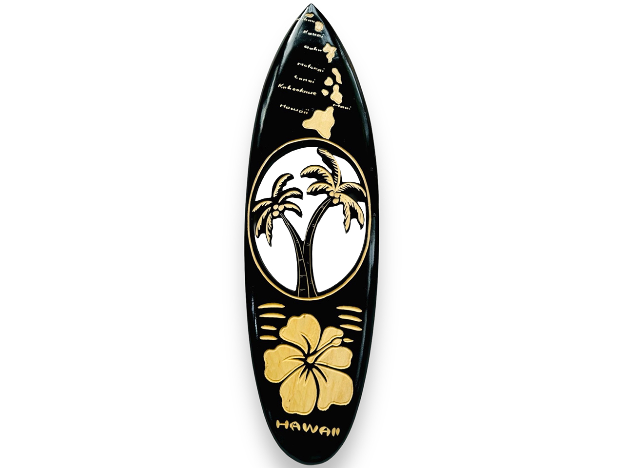 50cm Palm Tree, Island Map & Plumeria Black Wood Surfboard