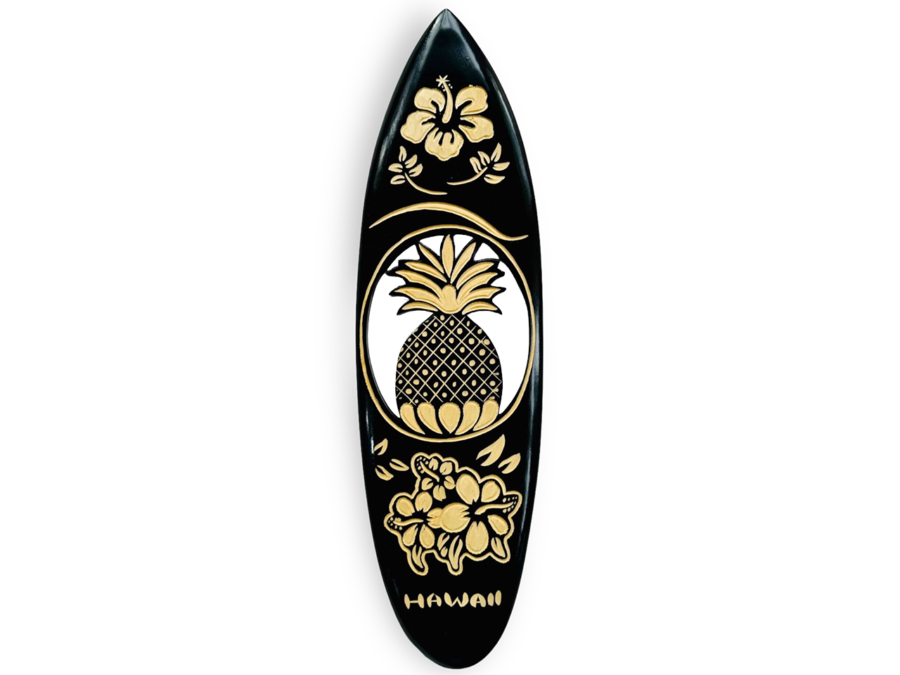 50cm Pineapple & Hibiscus Carved on Black Wood Surfboard