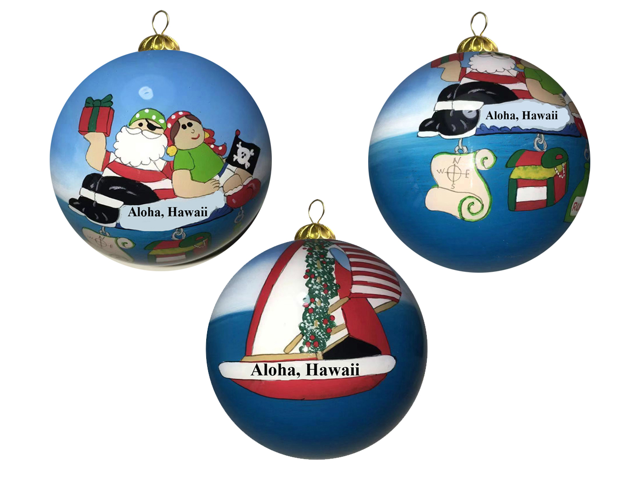 Hand Painted "Hawaii" Pirate Santa Christmas Ornament, 54pc/case