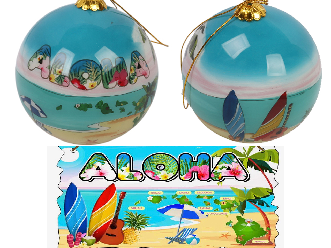 Hand Painted "Aloha" Beach Scene w/ Surfboard Christmas Ornament