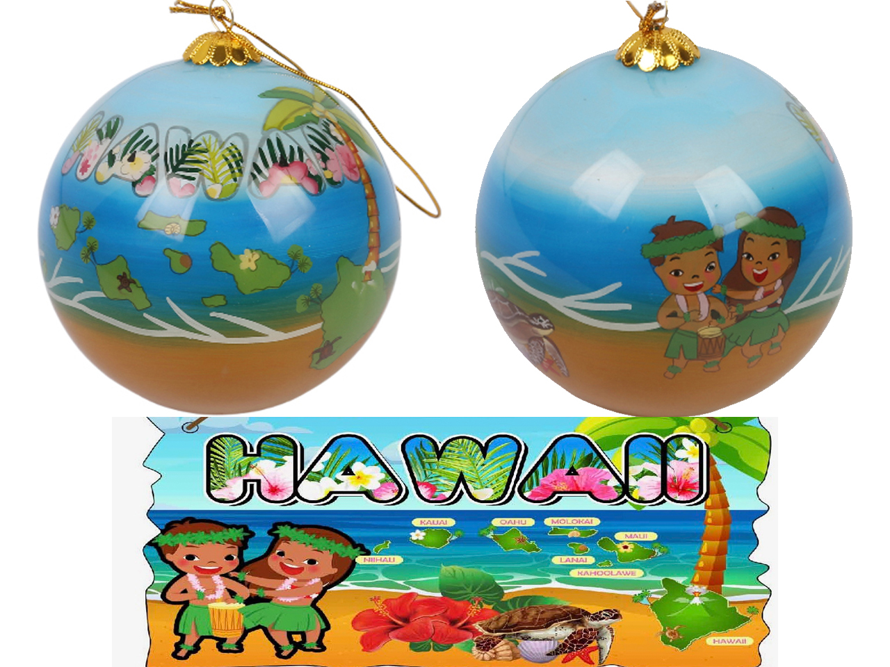 Hand Painted "Hawaii" Beach Scene Hula Dancer Ornament, 54/case