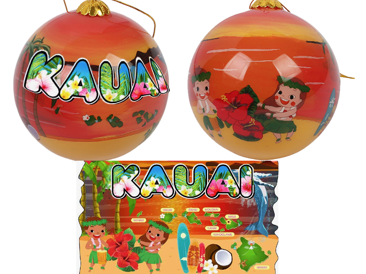 Hand Painted "Kauai" Beach Scene w/ Rooster Ornament, 54pcs/case