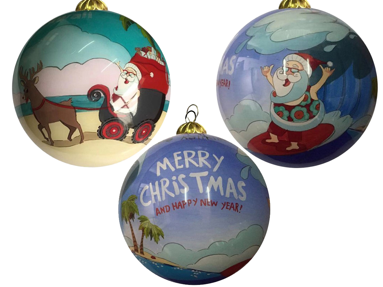 Hand Painted "Hawaii" Surfing Santa Christmas Ornament, 54/case