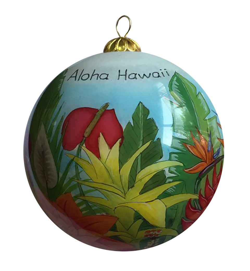 Hand Painted "Hawaii" Tropical Flowers Christmas Ornament, 54/cs