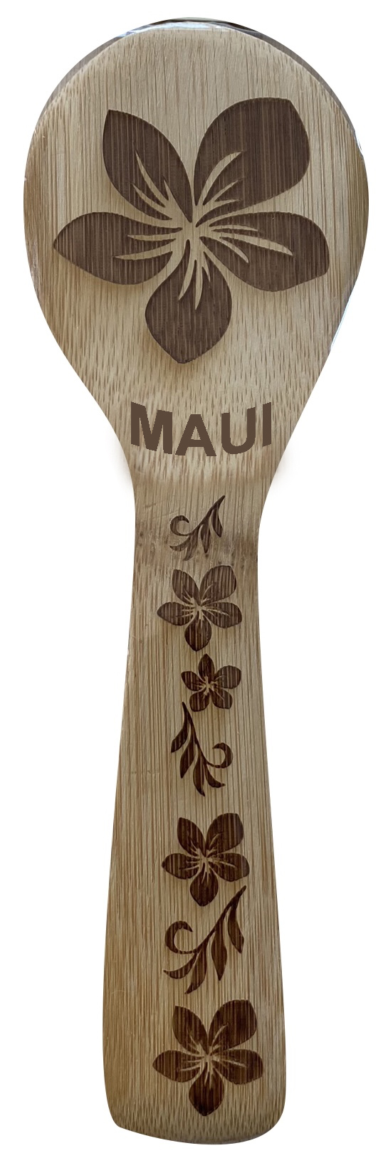 "Maui" Bamboo Rice Paddle w/ Plumeria Flower Carving - Click Image to Close