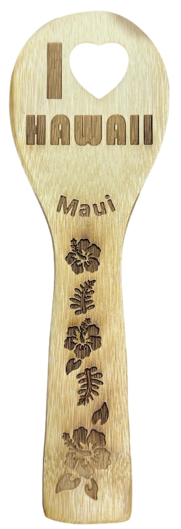 " I love Hawaii" & "Maui" Bamboo Rice Paddle w/ Hibiscus Carving