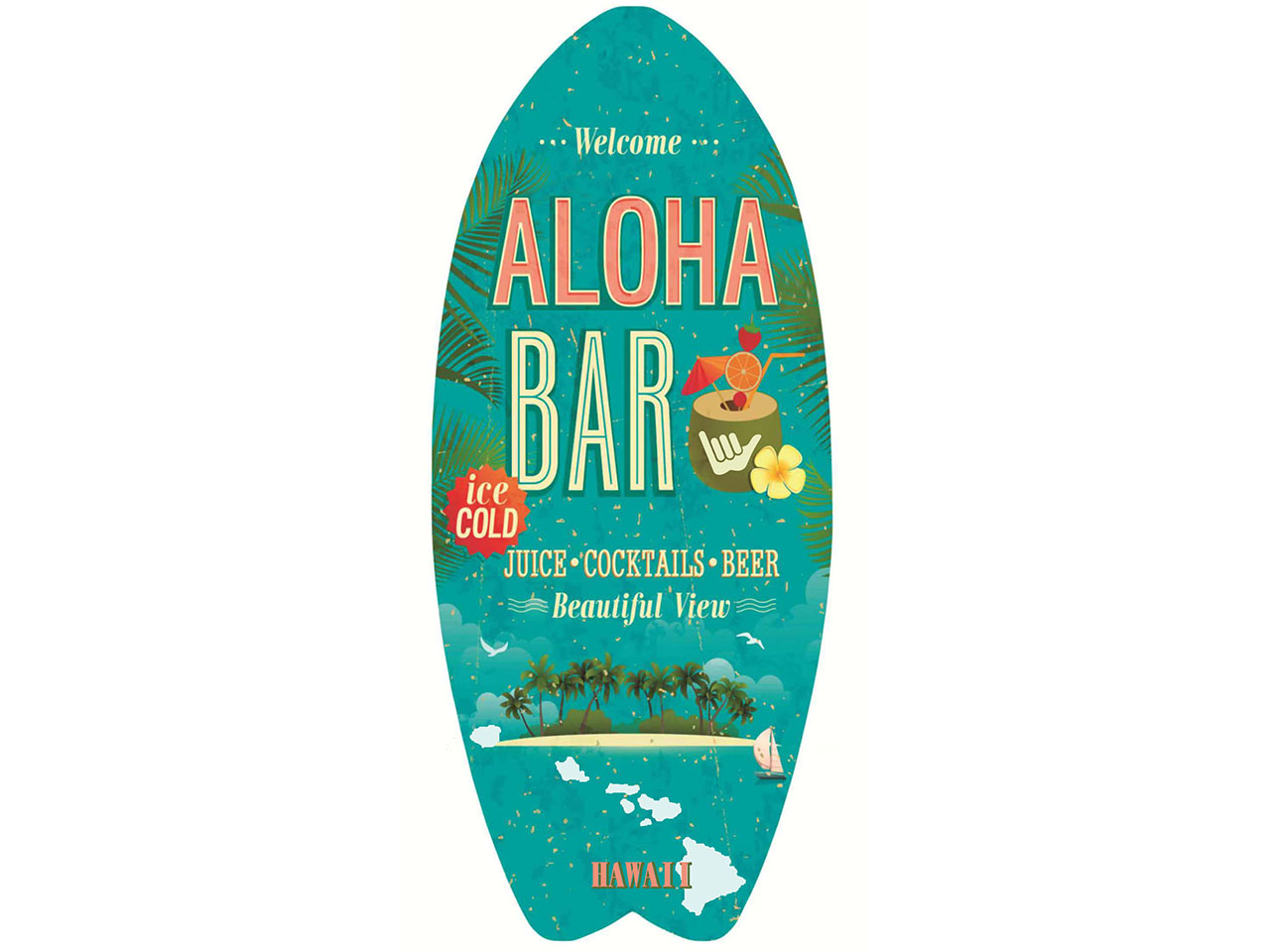 Metal Hawaii Surfboard Hang Sign 14"x6" (35x15.5cm)