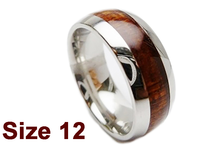 (Size 12) 8mm Stainless Steel Ring w/ Dark Koa Wood Ring - Click Image to Close