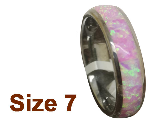 (Size 7) 6mm Pink Fire Opal Inlay Curved Top Tungsten Ring