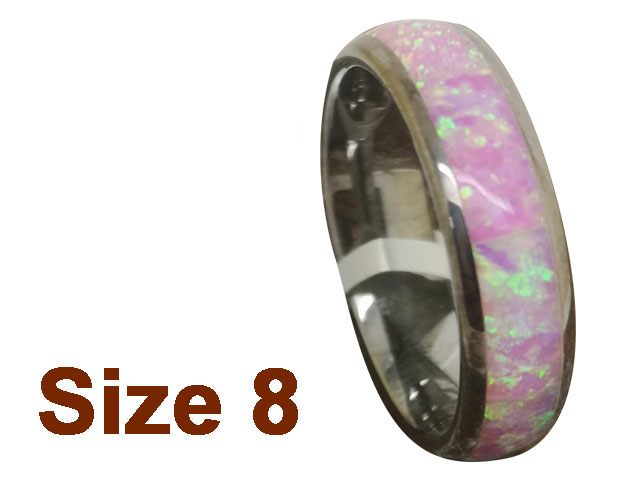 (Size 8) 6mm Pink Fire Opal Inlay Curved Top Tungsten Ring - Click Image to Close