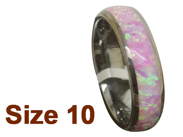 (Size 10) 6mm Pink Fire Opal Inlay Curved Top Tungsten Ring